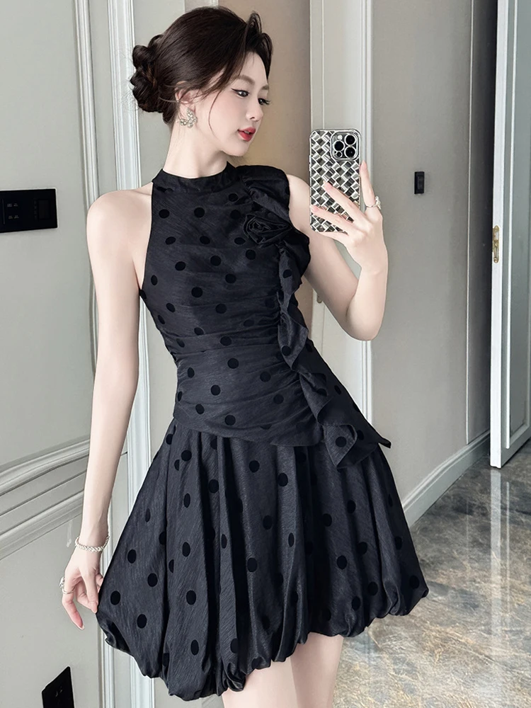 女性服銀色のドットプリントセクシーなノースリーブスリムミニショートドレスエレガントなレディースファッションイブニングパーティープロム Vestidos 夏