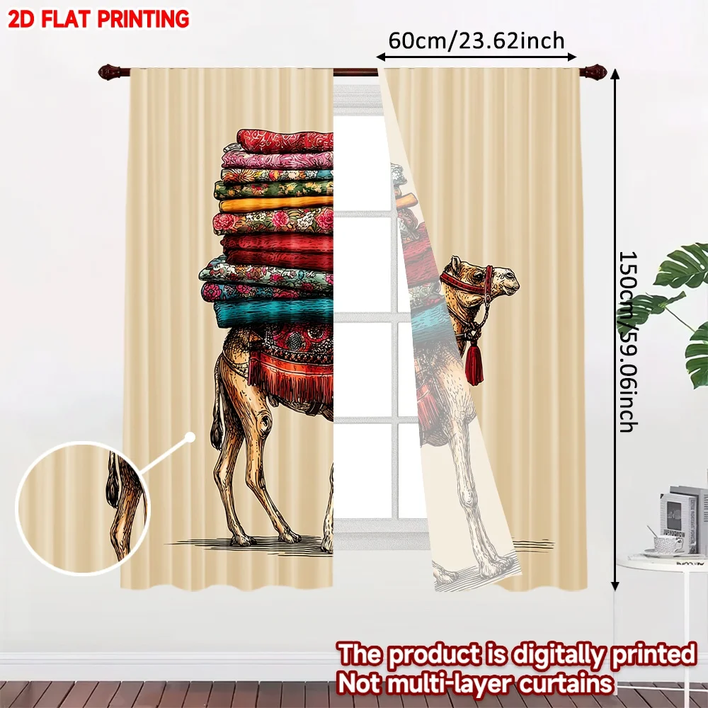 2pcs Camel with Patterned Blankets Curtains Desert Animal Carrying Colorful Textiles on Light Striped Background for Living Room