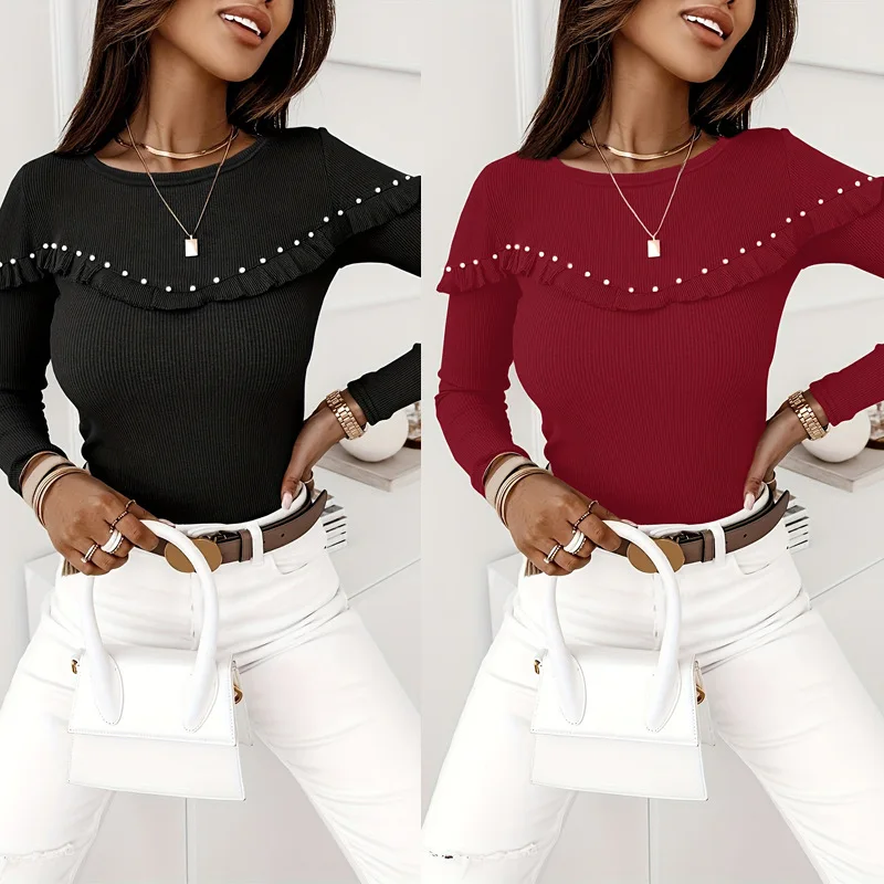 

Women Tee Pearl Decoration 2025 Spring Fashion Casual Simple Style Solid Colored Pearl Decor O--Neck Long Sleeves Female Tops