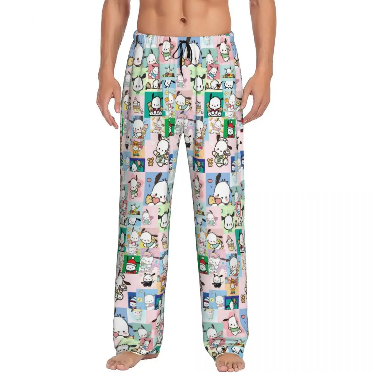 Custom Printed Pochacco Cartoon Pattern Pajama Pants Men's Kawaii Comic Sleep Sleepwear Bottoms with Pockets