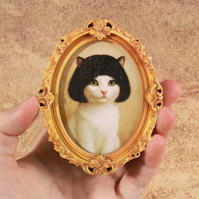 1Pc Mini Oval Retro Wooden Photo Frame Fridge Magnet Funny Cat & Haircut Modern Kitchen Decor Durable Refrigerator Ornament