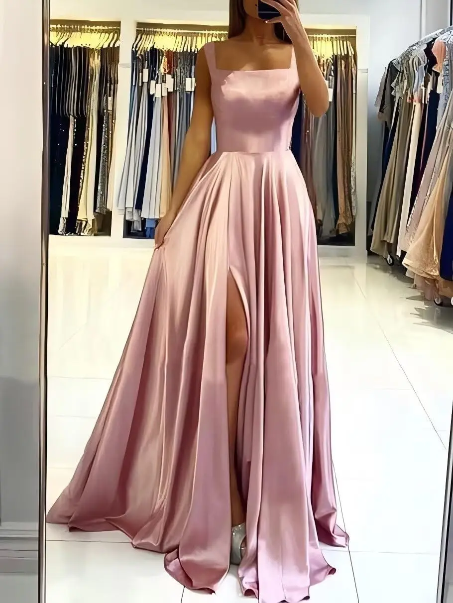 Vestido de fiesta de satén con tirantes finos para mujer, vestido de dama de honor de noche plisado con abertura lateral y bolsillos para ocasiones formales