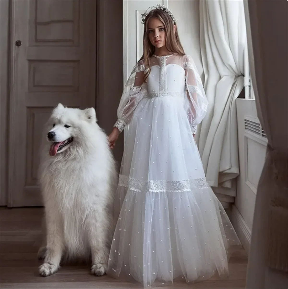 Robe à Fleurs en Tulle Blanc pour Fille, Appliques en Dentelle, Indépendance de Mariage, Cadeau de ixd'Anniversaire pour Enfant