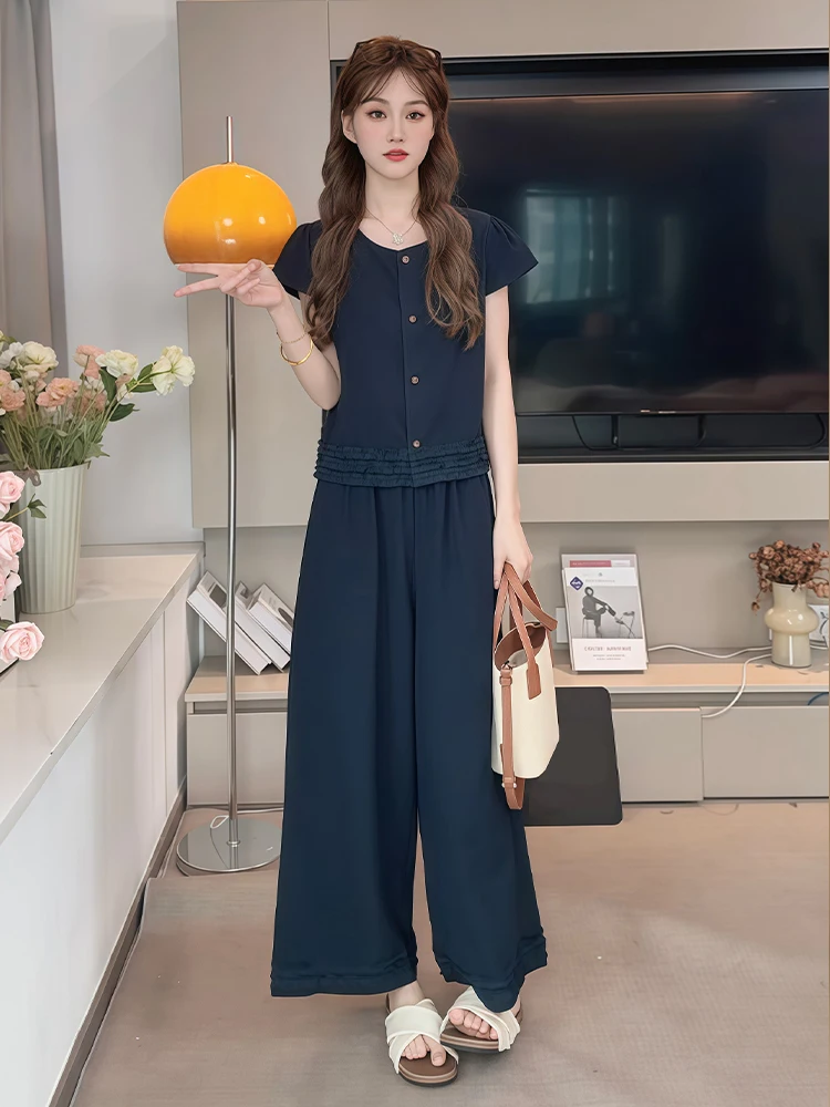 엘리 스몰 사이즈 여성 패션 세트 여름 2026 와이드 레그 팬츠 탑 투피스 구김 방지 폴리에스터 섬유 캐주얼 웨어