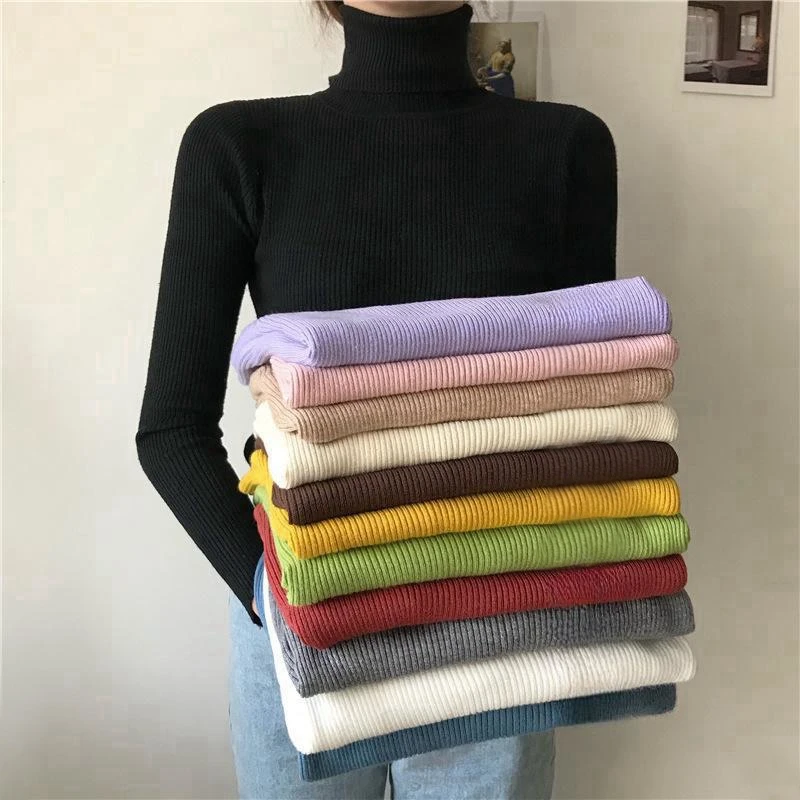 New 2025 Women Pullover Turtleneck Sweater Autumn Long Sleeve Slim Elastic Korean Simple Basic Cheap Jumper Solid Color Top