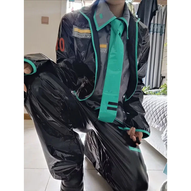 Miku Cosplay Costume Wig Full Set Black Leather Cloth Fabric Suit Mikuo Male Style Uniform Suits Halloween cm;5