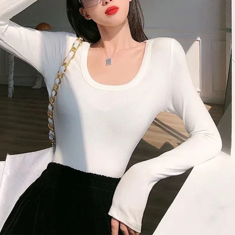 بلوفر نسائي برقبة مستديرة ، كم طويل ، أحادي اللون ، تي شيرت غير رسمي ، قمم مريحة ، ملابس تناسب جميع الملابس ، كوري ، ربيع ، خريف