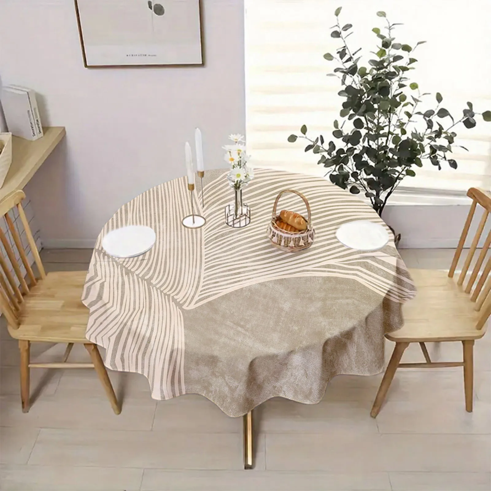 One piece of artistic linear round tablecloth, with a simple and modern texture design.