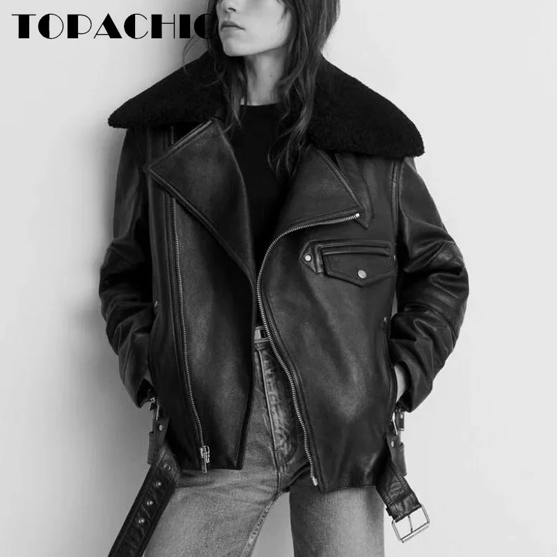 11.7 TOPACHIC-Women Clothes 2024 Autumn Winter New Keep Warm Fur Turn-down Collar Jacket Loose Casual Zipper Sheepskin Coat