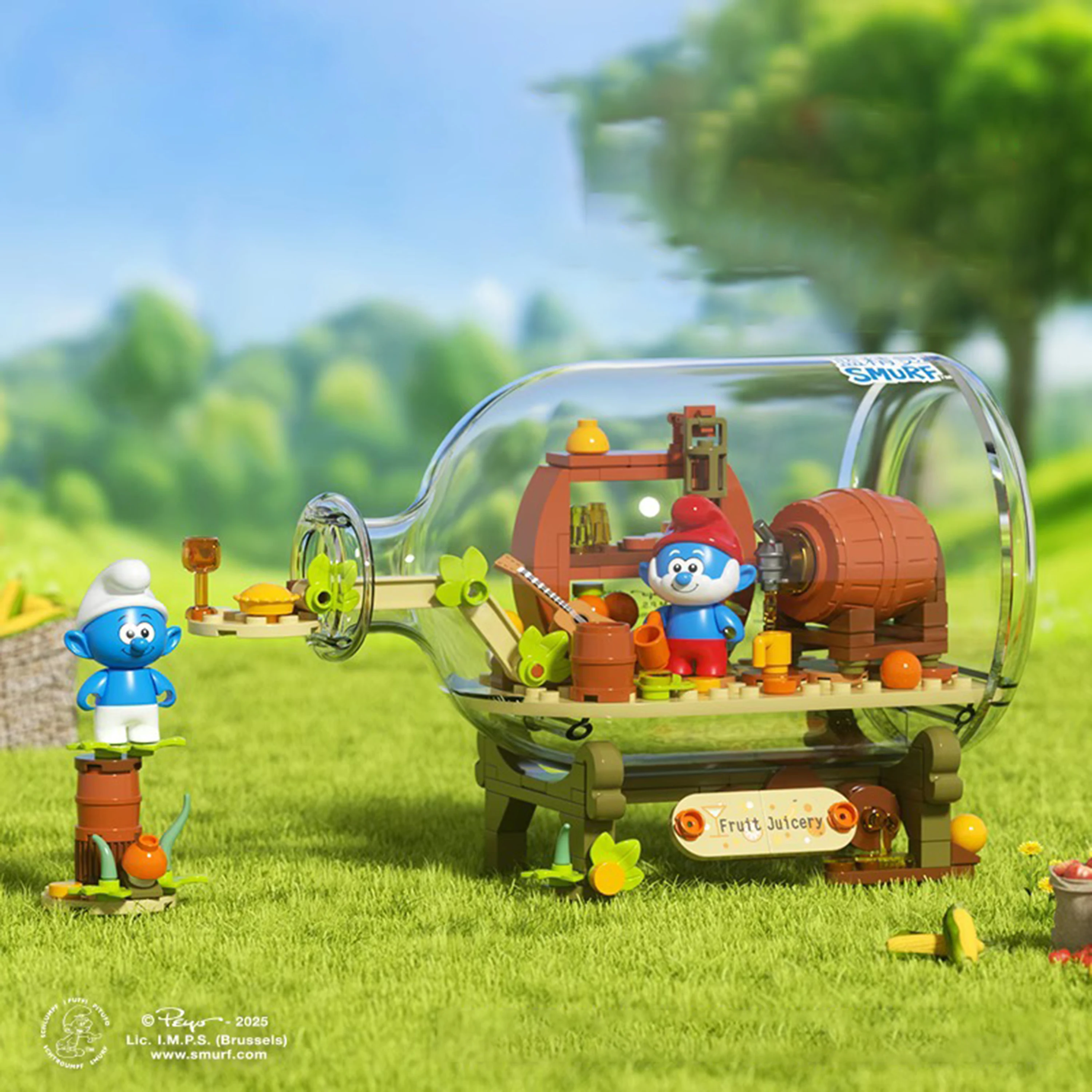 ชุดตัวต่อบล็อกสร้างสรรค์ DIY รูปแบบสร้างโมเดลของเล่นเด็กเพื่อการศึกษา ชุดข้อความจากสมูร์ฟในขวดพร้อมบ้านน้ำผลไม้ในป่า