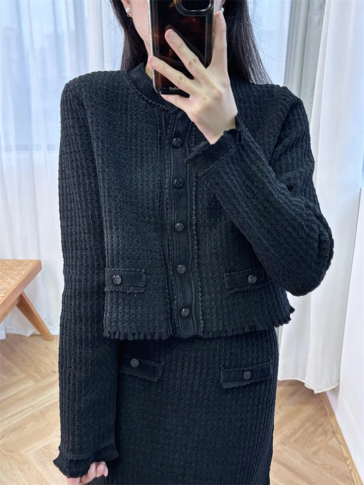 Two Piece Set Tweed Short Set Black Temperament Set Slim Fit Hollow Lace Knitted Cardigan+skirt for Women's S Family Vacation