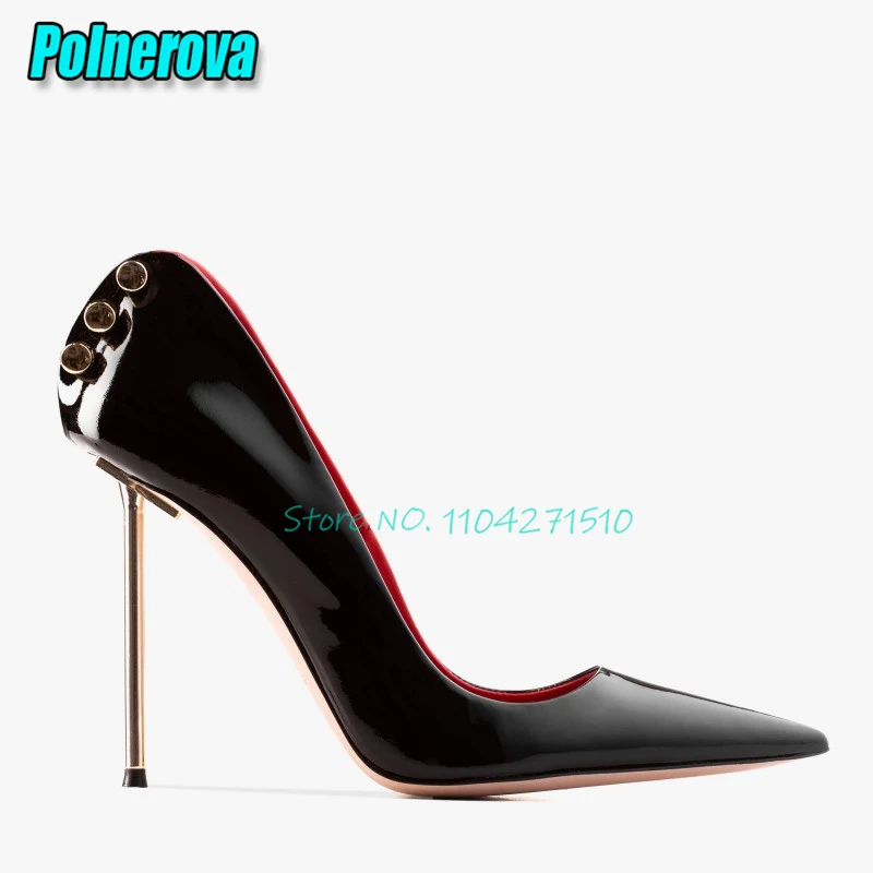 

Sexy Pointed Toe Metal Heel Pumps Brand Designer Black Patent Leather Shallow High Heels Fashion Pin Buckle Handmade Women Shoes