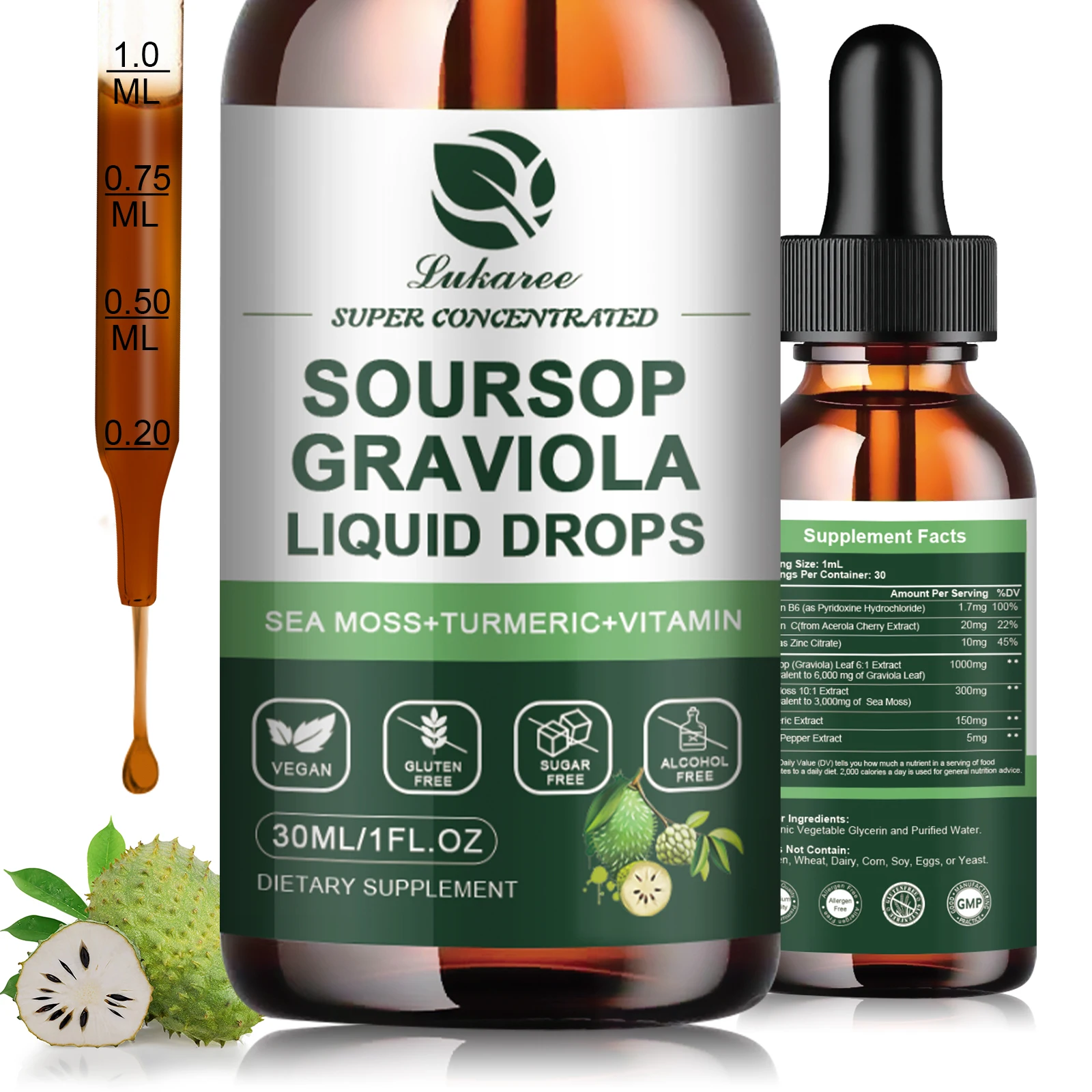 

Lukaree 30ml Soursop Graviola Drop with Turmeric, Black Pepper Support Cellular Function & Immune Health Mood Relaxation