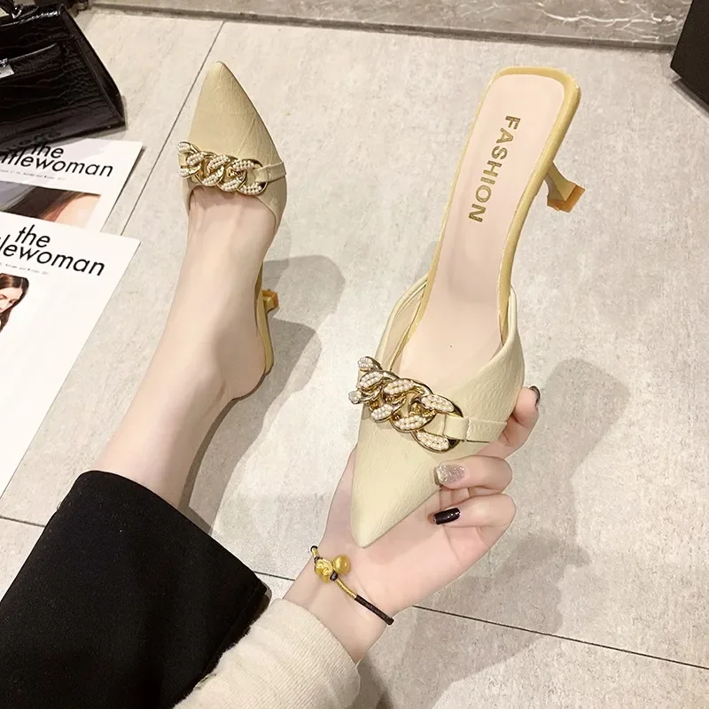 2024 New Snake Print Woman Pumps Slipper Fashion Gold Chain Sandal Shoes Ladies Pointed Toe Slip on Mules Thin Low Heels Slides