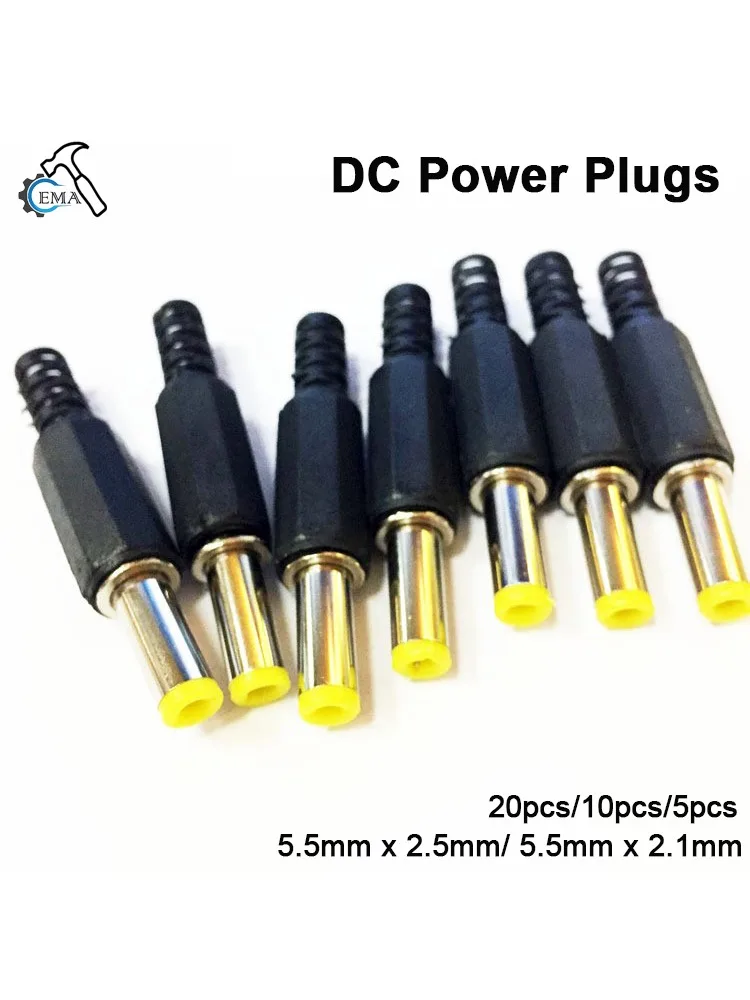 20 pièces/10 pièces/5 pièces 5.5mm x 2.5mm/ 5.5mm x 2.1mm fiches d'alimentation cc connecteurs de baril mâle noir 5.5*2.5 5.5*2.1