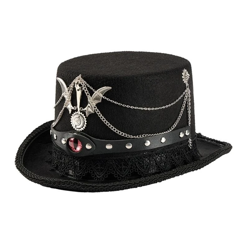 

DXAE Industrial Styles Top Hat With Articulated Metal Chain Lace Trim Decors for Men