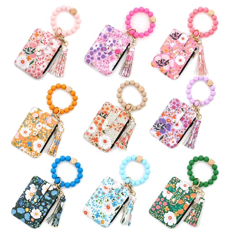 

Silicone Bead Pu Leather Key Chain Wristlet Id Credit Card Holder Keychain Wallet For Women Pink Flower Print Wallet