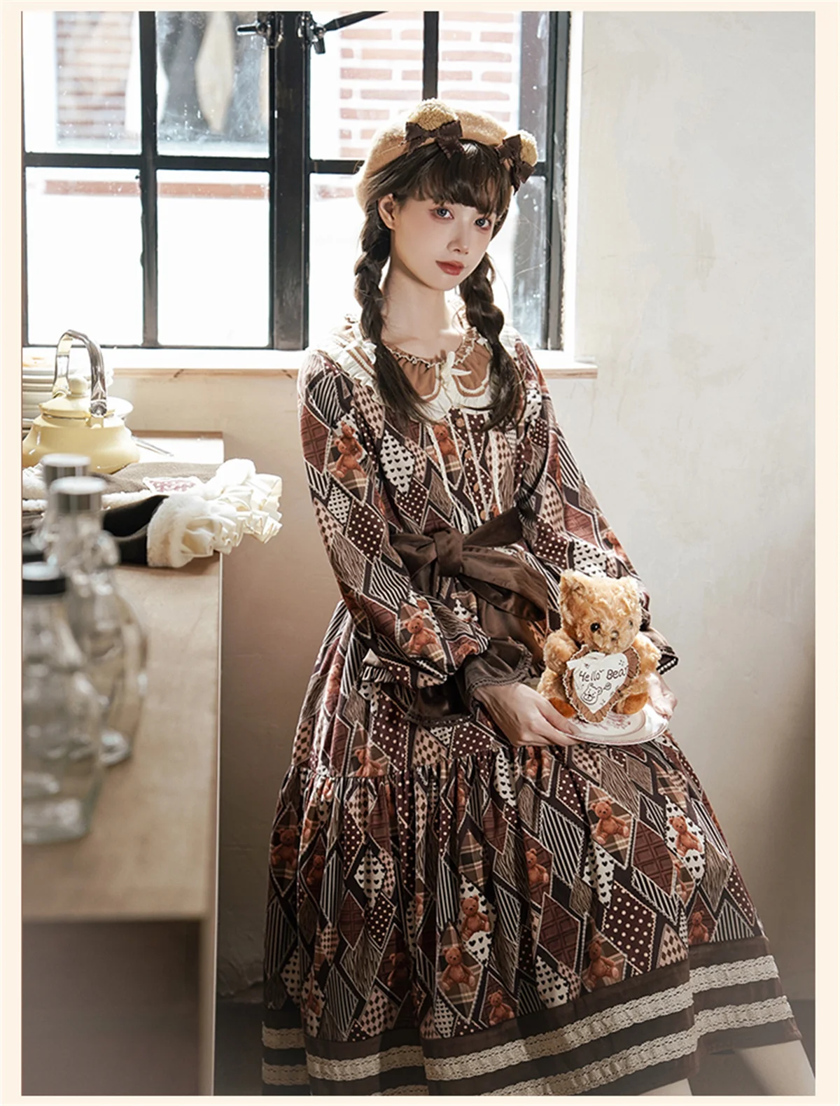 French Idyllic Cosplay Lolita Kawaii Girls Peter Pan Collar Op Grid Printing Bear Ribbon Bowknot Puff Sleeve Sweet Cute Dress