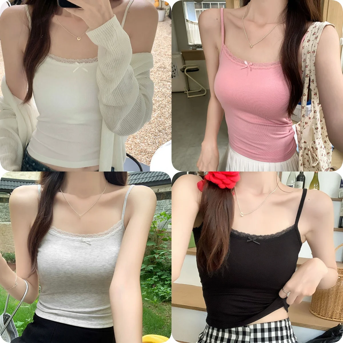 

Strappy Tank Tops Lace Undershirt With Bra Pads Sweet Underwear Slim Inner Wear Beauty Back Summer Women's Outside Versatile