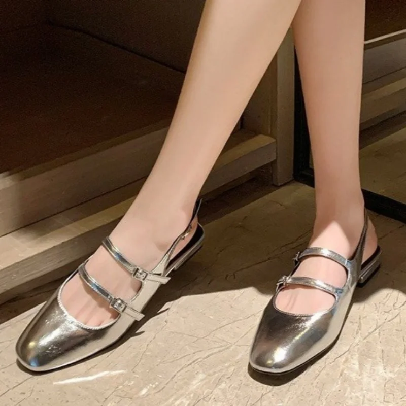 sandalias de mujer verano 2024 Woman Low Heels Double Buckle Mary Janes Patent Leather Dress Shoes Back Strap Zapatos Mujer