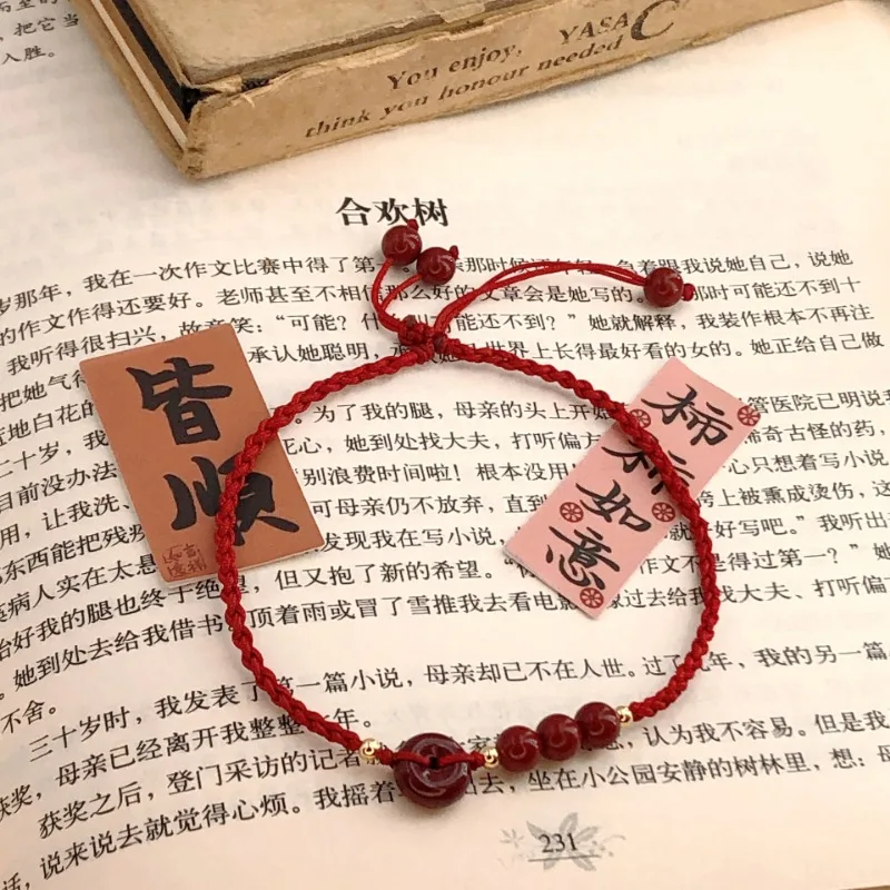 Retro Chinese-style Handmade Braided Bracelet for Women Natural Cinnabar Safety Buckle Anklet Girls Gifts