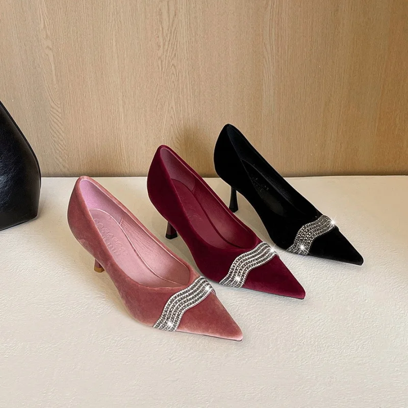 

BIGTREE Rhinestone Chain High Heels Velvet Lady Women's Pumps Stiletto 8cm Party Dress High Heeled Shoes Deep Pink Black