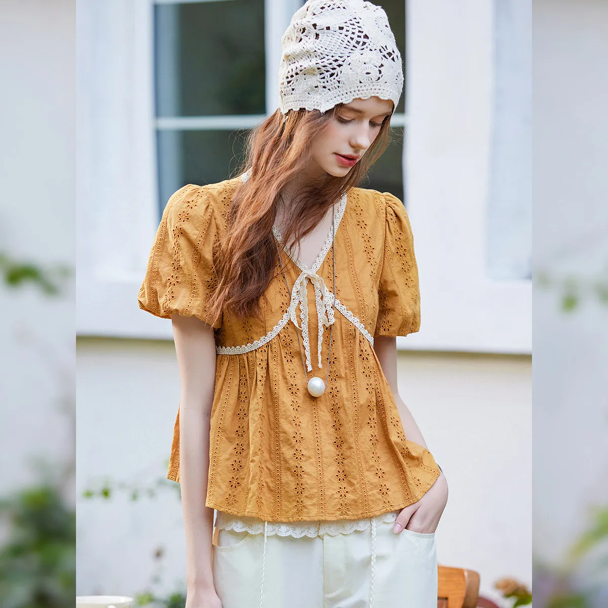 LOUIS YAO New Patchwork Lace-up Women's Shirt 2025 Spring Blouses Sweet Hollow Out Tops Lace V-Neck Bubble Sleeve Shirt 