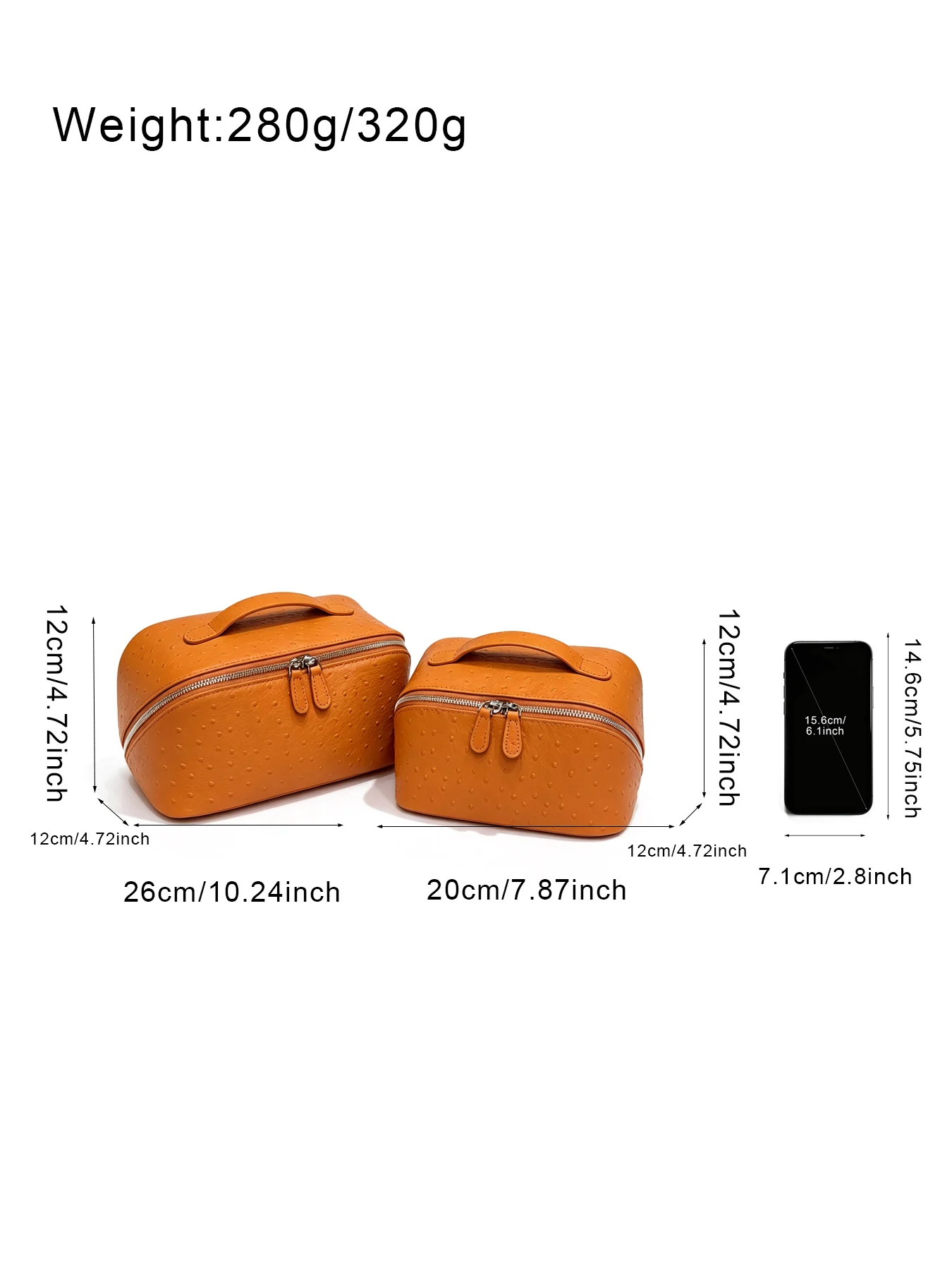 Echte Rindsleder-Kosmetiktasche mit Straußenmuster, Tragbare Reisetasche für Make-up und Toilettenartikel mit Reißverschluss – Detail 2