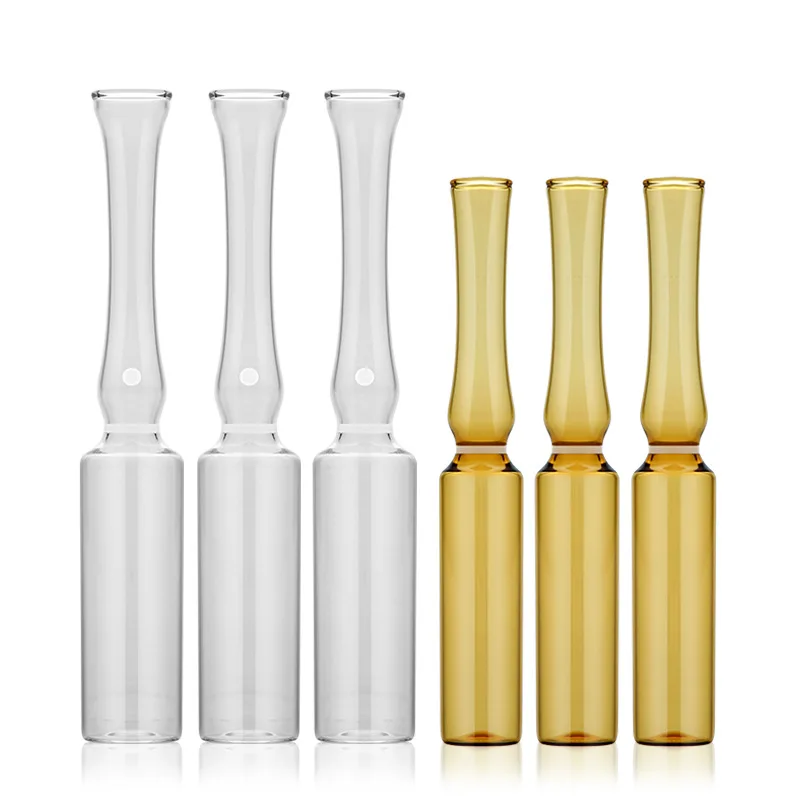 Ampolla de vidrio transparente/marrón, botella curva de cuello, fácil de plegar, ampolla, 630 unids/caja, 1ml
