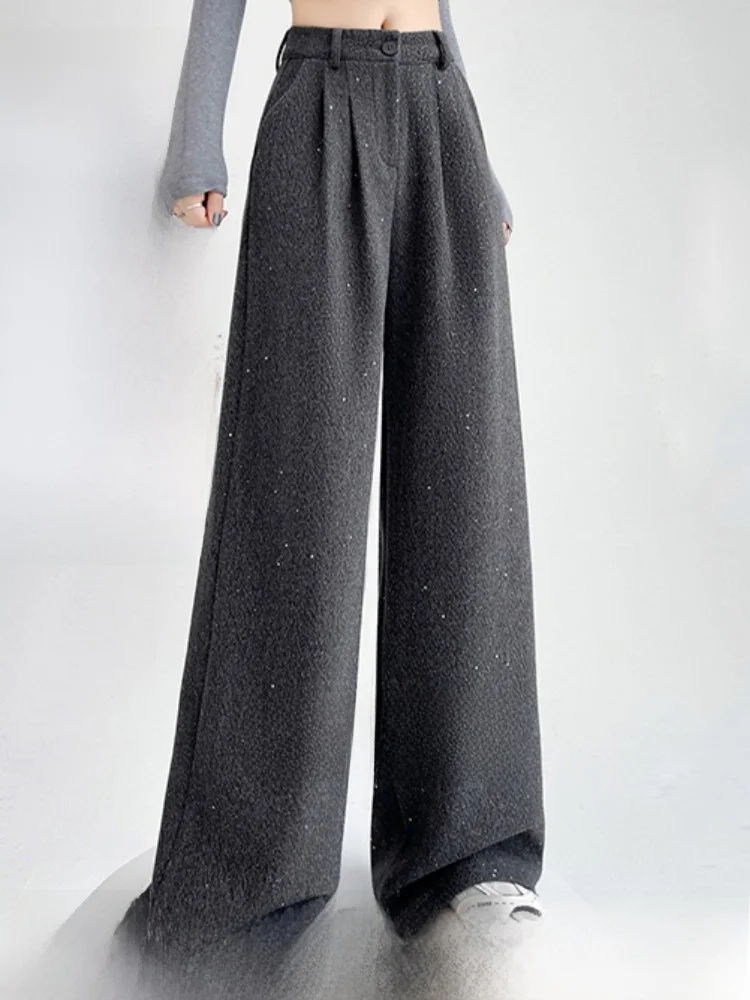 

iny Sequin Wide Leg Pants Women's Winter Woolen Suit Pants High Waist Straight Cut Korean Sle Commute Faion