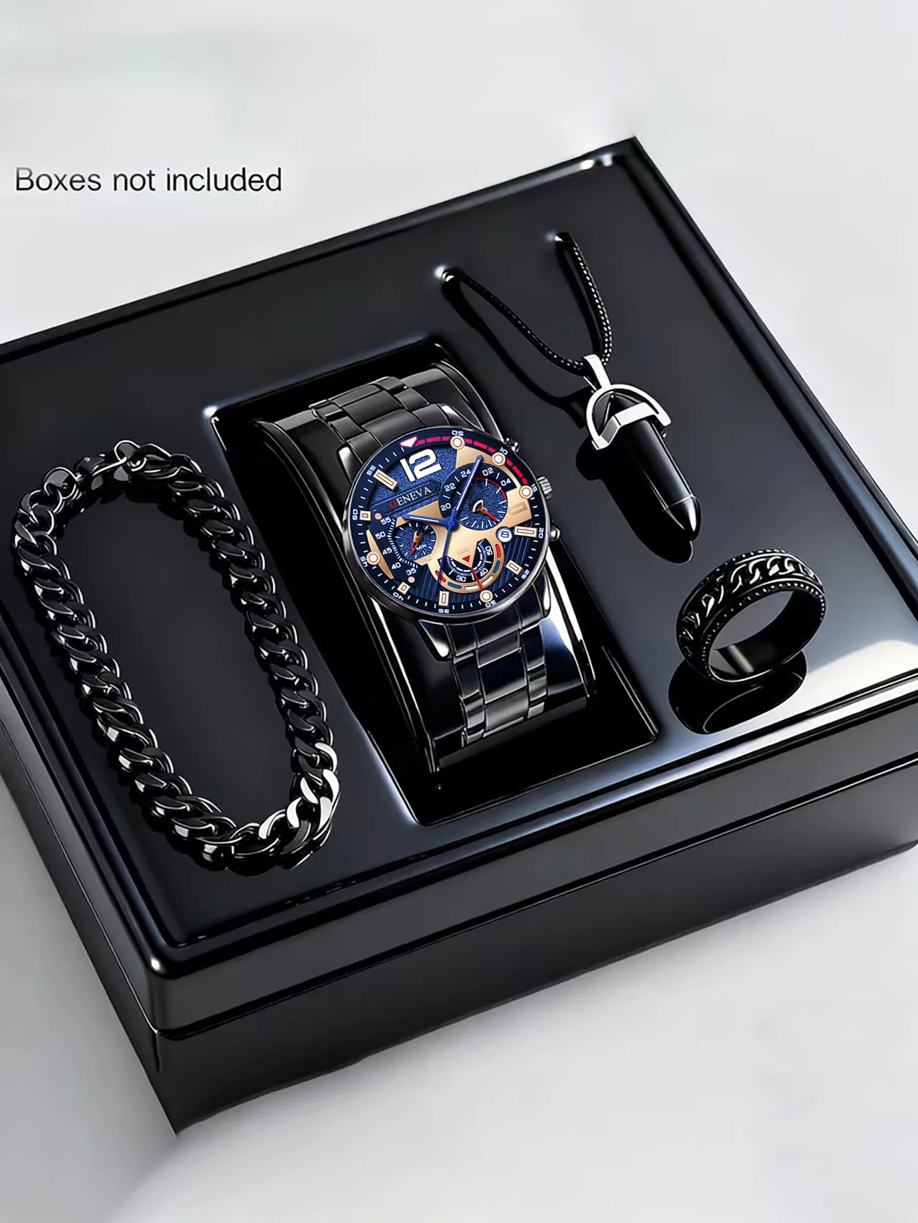 طقم ساعات كوارتز عصرية للرجال مع سوار وقلادة وخاتم ووظيفة التقويم هدية عيد ميلاد لا تشمل الصندوق