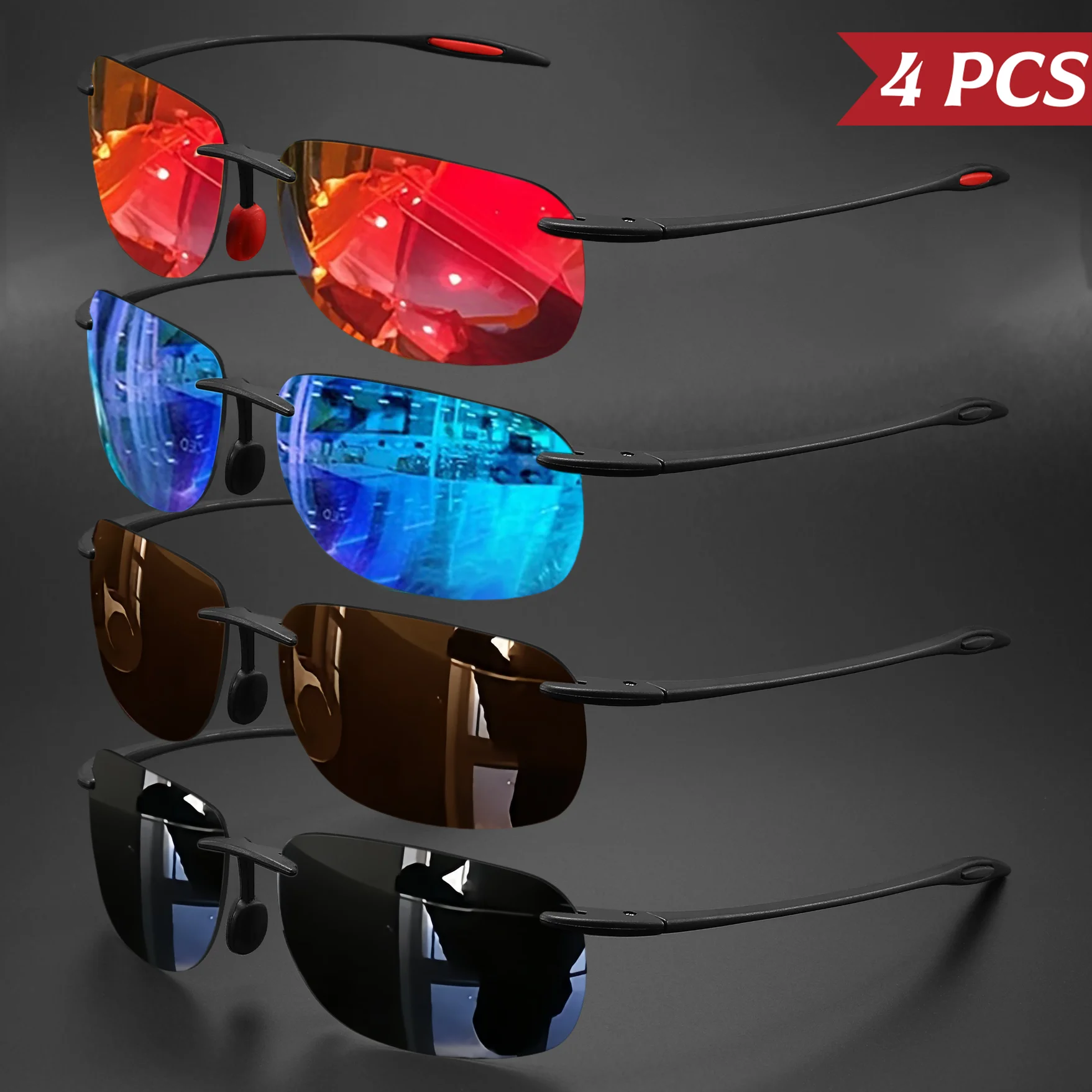 4PCS ultralichte 11g TR90 frameloze gepolariseerde zonnebril - flexibele en comfortabele pasvorm, vierkante vorm voor autorijden, vissen, buiten