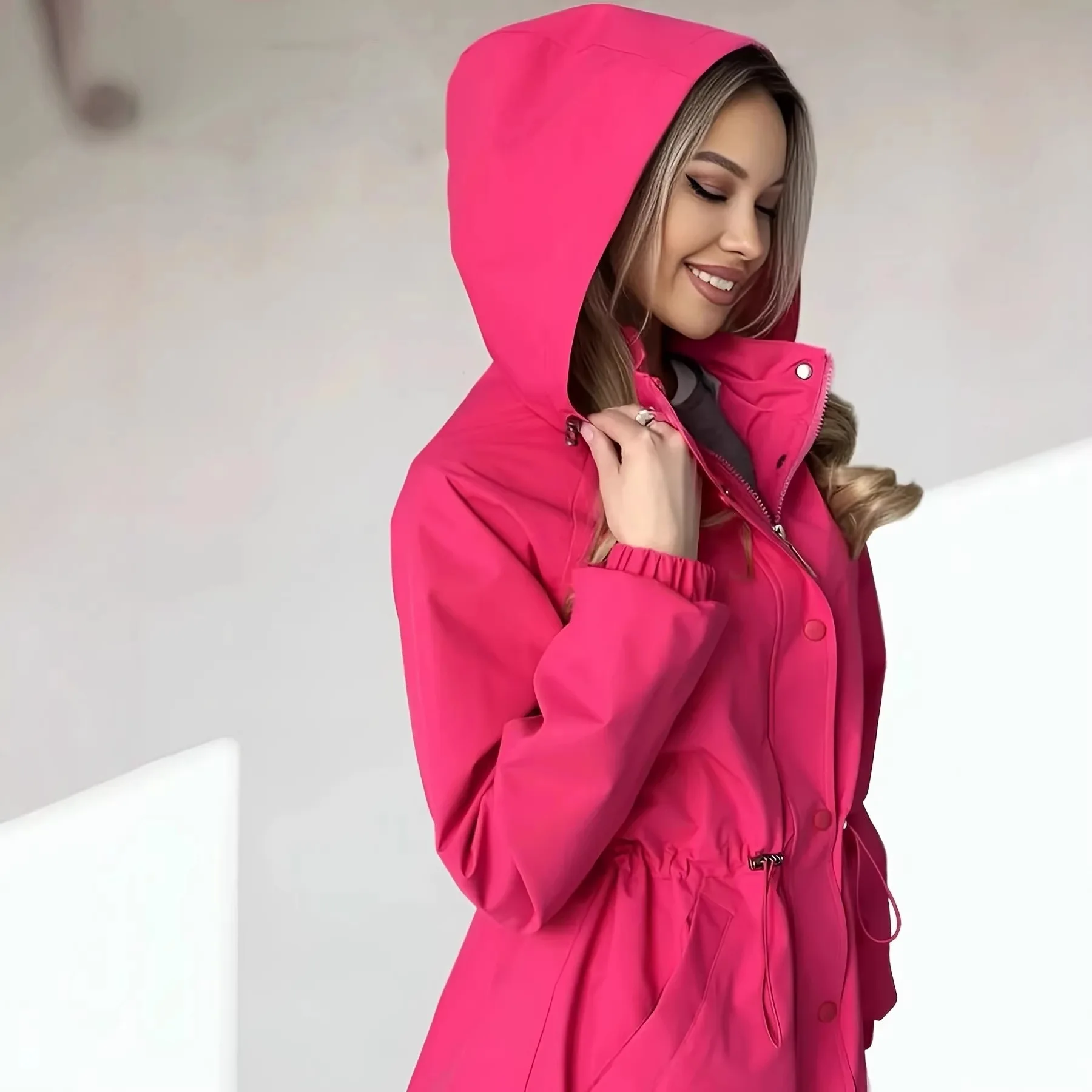 Women's Waterproof Slim Fit Hooded Jacket Spring Autumn New Style Windproof Coat Polyester Fiber Zipper Closure Regular Length