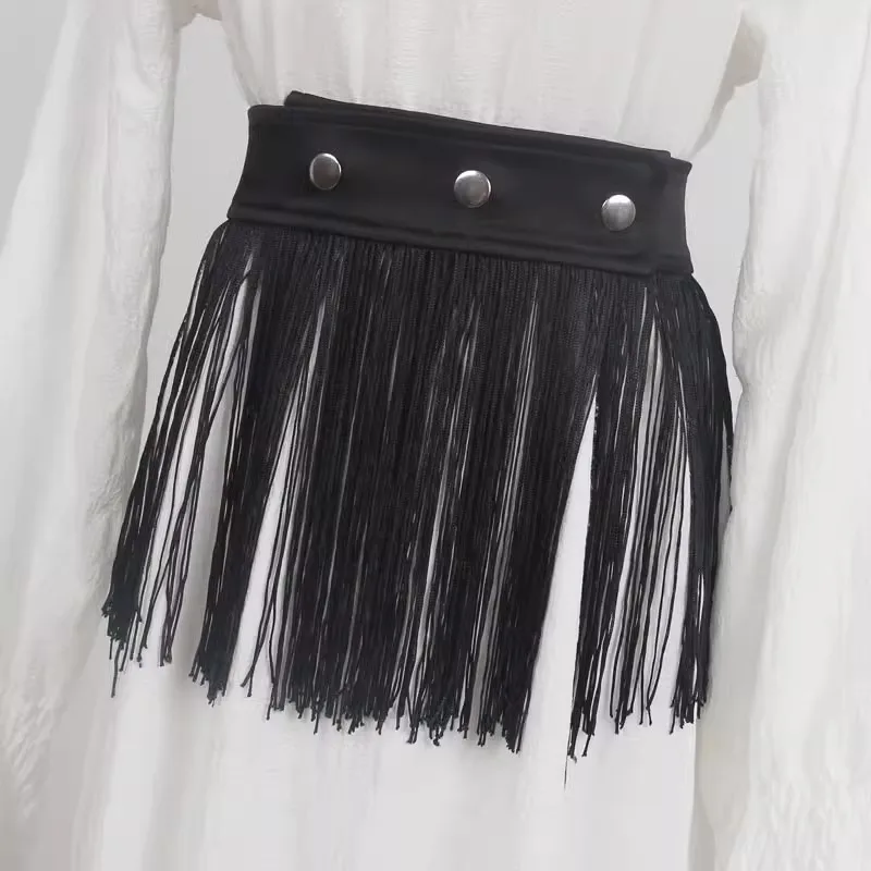 Women's Fashion Vintage Black Tassel Corset Female Cummerbund Coat Waistband Dress Decration Wide Dancing Belt J526