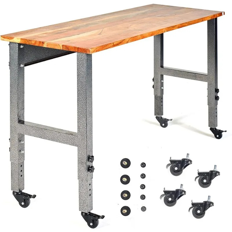 

Fedmax Work Bench - 61" Rolling Portable Workbench for Garage - Metal with Acacia Hardwood Top, Adjustable Legs