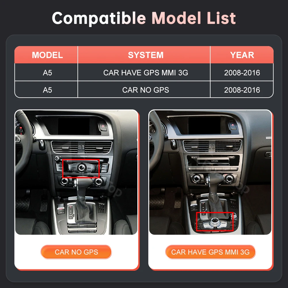 شاشة لينكس الوسائط المتعددة للسيارة مقاس 8.9 بوصة لأودي A5 2008-2016 مع CarPlay اللاسلكي Android Auto Airplay Autolink