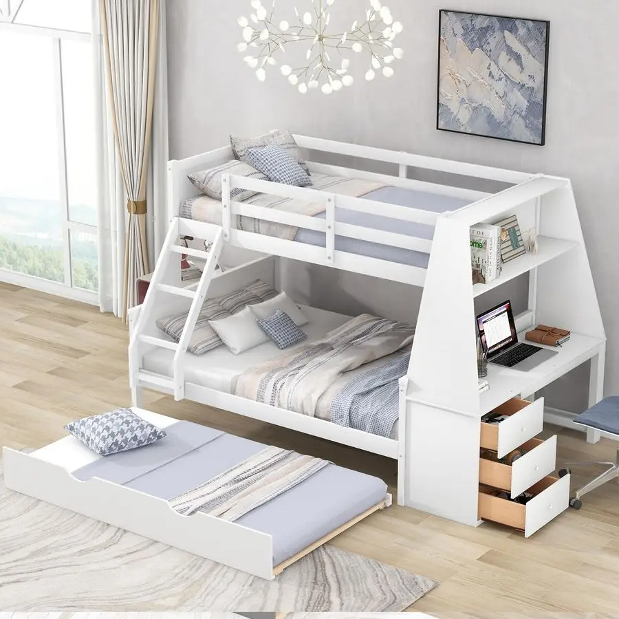 

Twin Over Full Bunk Bed with Trundle and Desk, Solid Wood Bunk Bed Frame with Storage Drawers and Shelf,