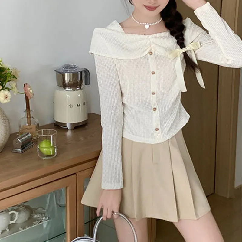 Slash Neck Elegant Gentle Knitted Shirt Female Clothing Solid Color Slim Casual Spring Autumn Fashion Folds Long Sleeve Blouse