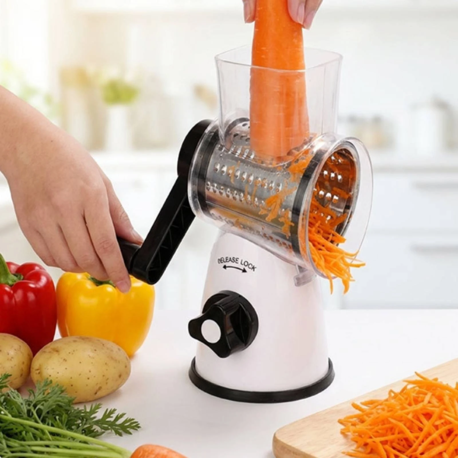 Manual Rotary Cutter Interchangeable Blades Drum Cutter Manual Hand Crank Grater Compact Kitchen Tool Multi-Function