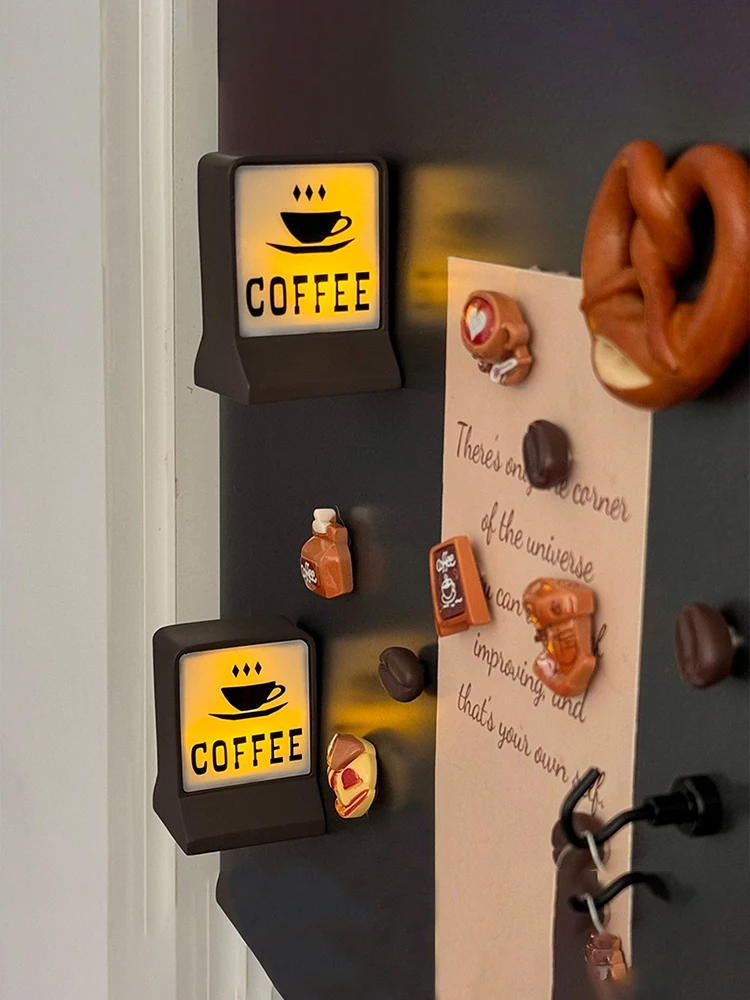 Coffee Refrigerator Magnets with Lamp Coffee Shop Magnetic Fridge Stickers Creative Convenience Store Light Signs Home Decor