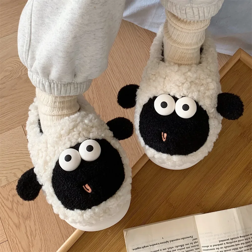 Girls winter indoor thick bottom fashion cotton slippers cute big eyes cartoon sheep home new warm cotton slippers female