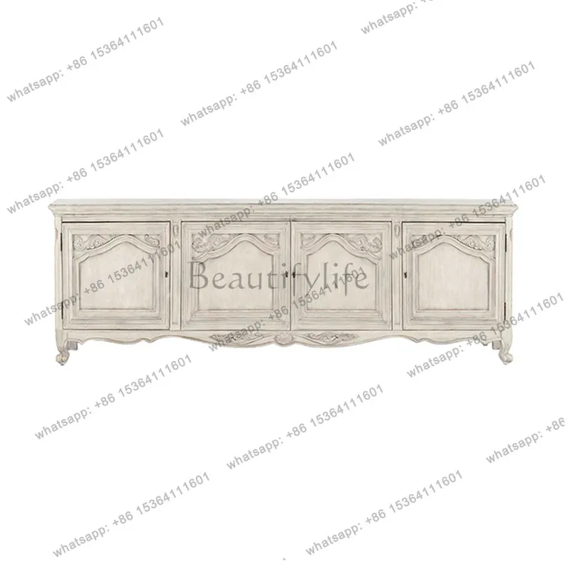 

American solid wood TV cabinet, carved living room French bedroom antique white oak