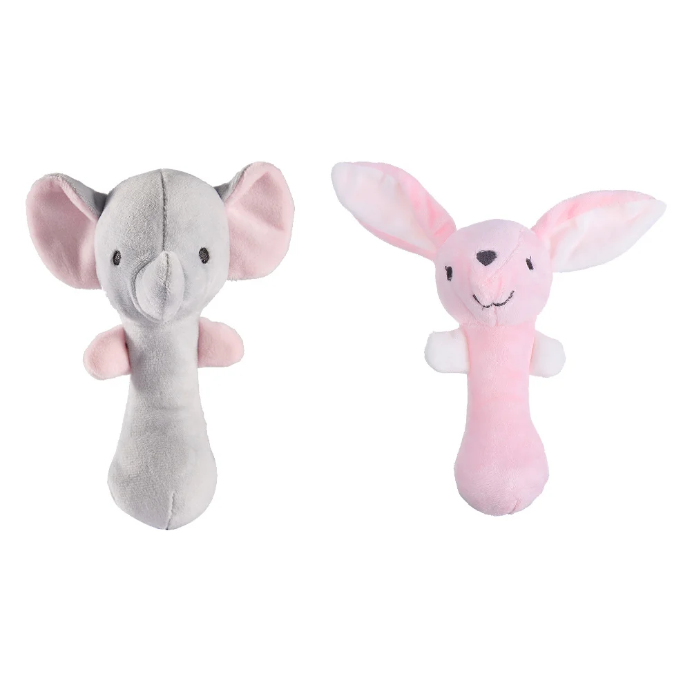 2 Stuks Cartoon Dier Gevulde Baby Hand Bel Rammelaars Voor Baby Grip Geluid Ontwikkeling Kwekerij Spelen Fun Baby Pieper stok Speelgoed