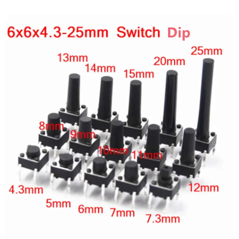 50PCS 6x6*4.3mm Panel PCB Momentary Tactile Tact Mini Push Button Switch DIP 4pin 6x6x4.3/5/6/7.3/8.5/9.5/10/11/12/13/14/15/25MM