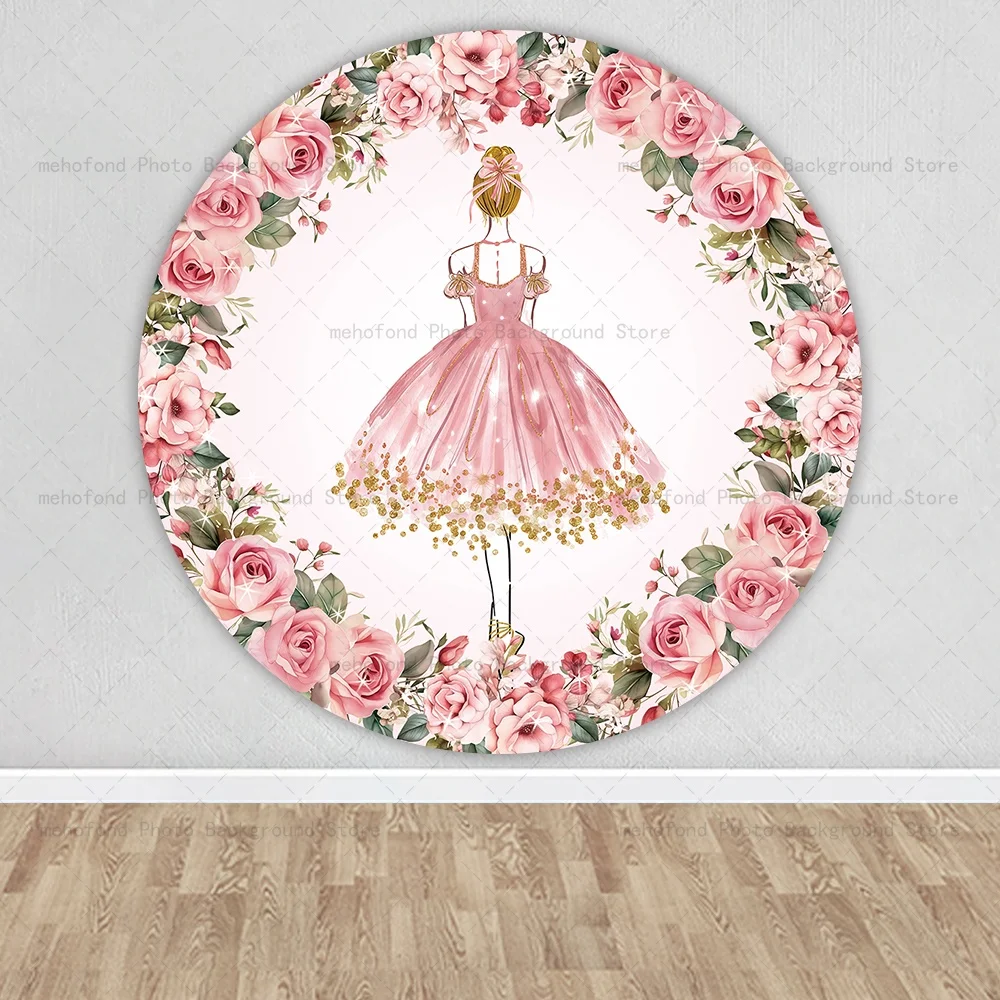 Mehofond Sweet Dreamy Ballet Princess Circle Backdrop Cover Bridal Shower Round Elastic Floral Decor Cylinders Plinth Background