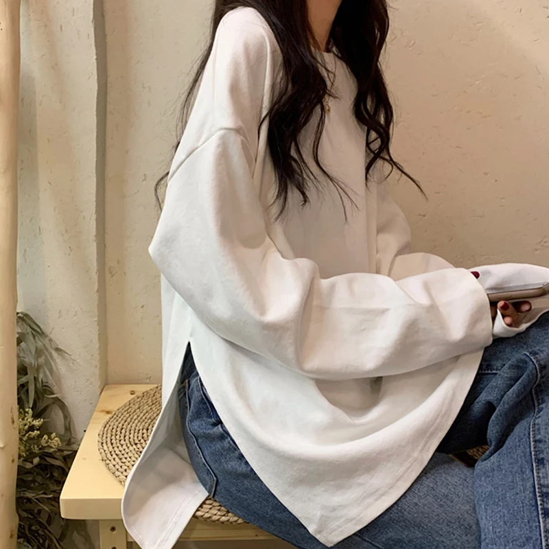 harajuku long T Shirt spring autumn Solid Simple oversized t-shirt for Women goth T-shirts Split White black  Sleeve Tops