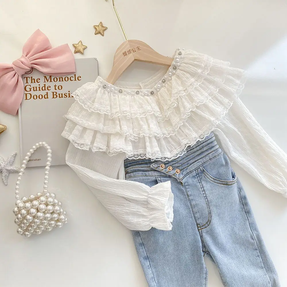 Baby Girls Fall Fashion Teenage Pink White Blouse , Princess Kids Sweet Lace Ruffles  Long Sleeve Top 6-12T