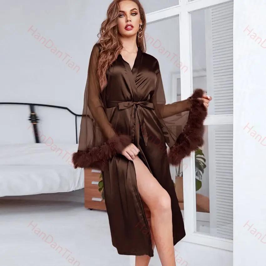 Women's Satin Robe with Fur Trim Silky Kimono Feather Trim Cuffs Long Bathrobe with Tie