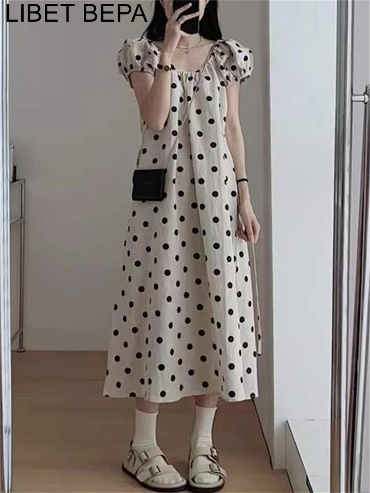 DR2375 2023 Lace Up Puff Sleeve Elegant Lady Oversized Dot High Waist Korean Fashion Vintage Women Spring Summer Long Dresses