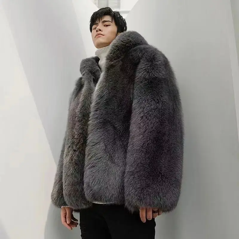 Autumn Winter New Men Fox Fur Hooded Coat  Fashion Light Luxury  Warm Coat Thickened Comfortable Fur Coat Men Brown Fake Fur